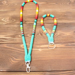 Turquoise Beaded Jewelry Set with Adjustable ID Badge Breakaway Lanyard and Wristlet Keychain -  Gift for Teachers Native Americans Style