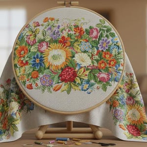 May include: A circular embroidery hoop displaying a colourful floral design, including sunflowers, roses, and daisies. The embroidery is set on a cream-coloured fabric and displayed on a wooden stand. The design includes red, yellow, blue, and purple hues.