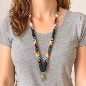Beaded lanyard for id badge or keys, tribal pattern nNecklace, festival or teacher gift, handmade peyote stitch accessor