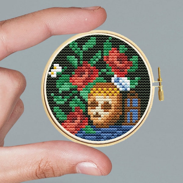 Miniature scull cross-stitch art Tiny Vanitas Still Life. Jan van Kessel, Embroidery for beginners. Modern cross stitch pattern.