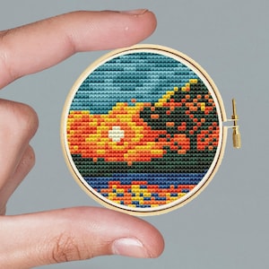 Tree by the river at night at sunset miniature cross stitch pattern pdf