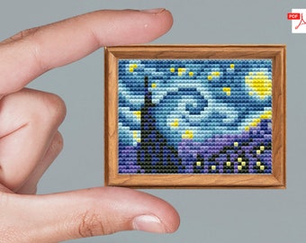 ミニチュア クロスステッチ 絵画 ゴッホ 星月夜。初心者向け刺繍。モダンなクロスステッチ パターン。ミニ クロスステッチ 絵画