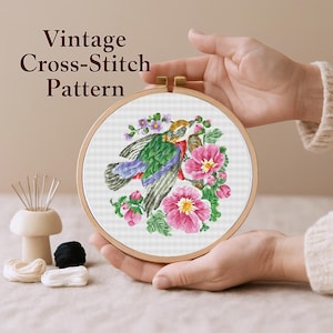 Bird and bindweed vintage cross stitch pattern, bird embroidery