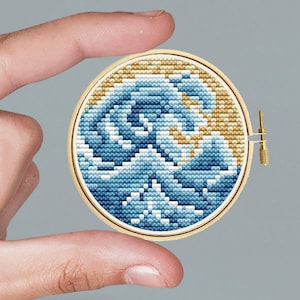 Miniature round cross-stitch art Ocean wave Embroidery for beginners. Modern. Mini cross-stitch Tiny Great Wave by Hokusai