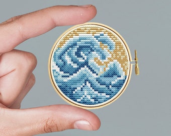 ミニチュア ラウンド クロスステッチ アート 海の波 初心者向け刺繍。モダン。ミニ クロスステッチ 北斎の小さな大波