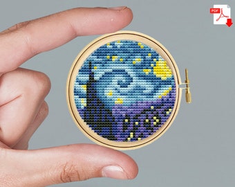 Miniature round cross-stitch art Van Gogh Starry night. Embroidery for beginners. Modern cross stitch pattern. Mini cross-stitch painting