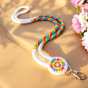 Handmade Native American-Style Beaded Lanyard – Rainbow Design with Double-Sided Medallion – Customizable & Breakaway Option