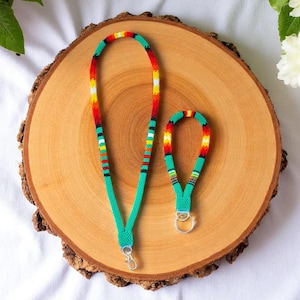 Beaded Lanyard - Turquoise & Fire Design - Customizable Length - Breakaway Option - Matching Keychain Available
