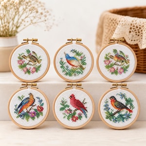 May include: Six small, round cross-stitch embroidery hoops with colourful birds perched on floral branches. Each hoop has a wooden frame and a detailed stitched design, showcasing various bird species and vibrant flowers.