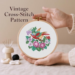 Cross stitch pattern Bird and bell,  instant pdf download, bird, roses, flowers, bell