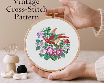 Bird and Bell Cross Stitch Pattern: Roses, Flowers (PDF Downloadable Chart)