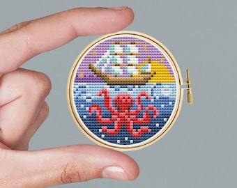 Miniature cross stitch pattern Octopus and the ship, ocean Embroidery for beginners sea animals Modern cross stitch pattern Whale wall