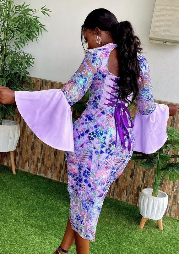 Lilac Asoebi Midi Lace Ankara, Party Guest, Wedding Guest, Dress Size 16