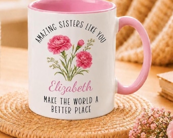 Personalised Floral Sister Mug – Custom Name Birthday Gift for Sister