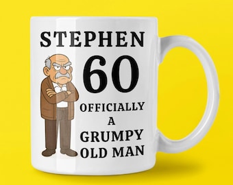 Personalised 60th Birthday Mug, Funny “Officially a Grumpy Old Man” Gift for Him, Custom Name Coffee Cup or Coaster for Dad and Grandad