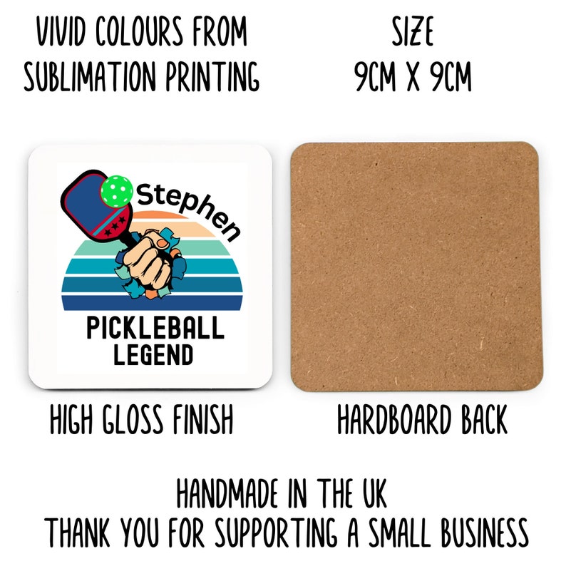 May include: Square coaster with a high gloss finish, featuring a pickleball design. The design includes a pickleball paddle, ball, and the text "Pickleball Legend". The coaster measures 9cm x 9cm.