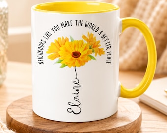 Personalised Neighbour Mug, Thank You Gift for Neighbour, Custom Name Floral Coffee Cup