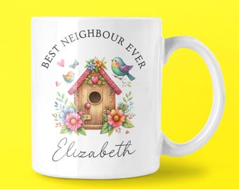 Personalized Neighbour Mug, Birdhouse & Flowers Gift