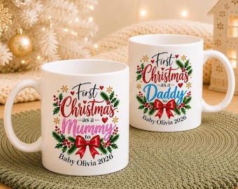 Personalised First Christmas as Mummy Daddy Mugs – New Parents Xmas Gift