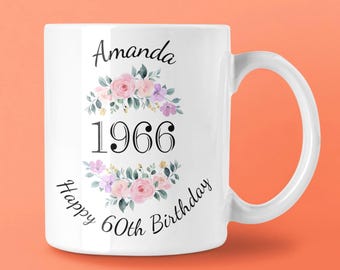 Personalized 60th Birthday Mug, Floral Birthday Gift for 60 Year Old Woman