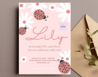 Ladybug birthday invite first birthday invitation summer florals daisys white pink editable instant download