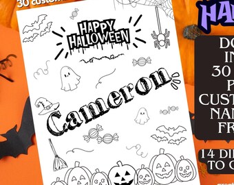 Cute Halloween Coloring Pages - customize with name and print at home - includes 30 pages. Great for classrooms and parties