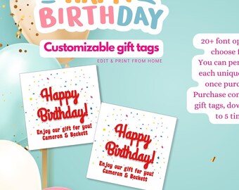 Customizable Birthday Gift Tags! 3x3 squares to personalize and Print at Home. Great for all gifts! Personalize with your child's name