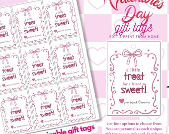 Personalized Valentine's Day Gift Tags - pink ribbon and bows. Customize and Print at Home! Includes 27 tags. Great for class parties!