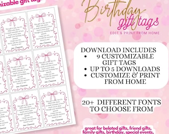 Personalized Belated Gift Tags - pink ribbon and bows. Customize and Print at Home! Belated birthday gifts, party favors, teacher gifts
