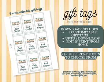 Cute Green Checkered Train Gift Tags - customize to add your own name and print at home