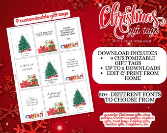 Personalized Christmas gift tags - customize and print at home. Includes 9 designs! Great for student gifts and class holiday parties!