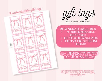 Cute Pink Ribbon gift tags - customize to add your own name and print at home