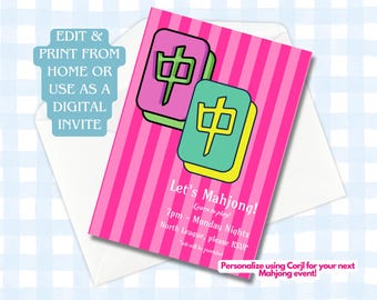 May include: A pink invitation with vertical stripes and two Mahjong tiles. The invitation reads "Let's Mahjong!" with event details. Text on the invitation includes "Edit & Print From Home or Use as a Digital Invite."