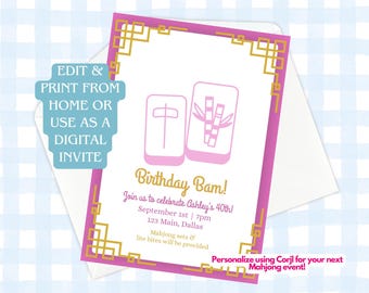 Editable Pink and Gold Mahjong Digital Invitation for Girls Nights, Birthday Parties, and Mahjong Events