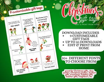 Personalized Christmas gift tags - Customize and print at home. Includes 9 fun designs! Great for students, holiday parties, teacher gifts