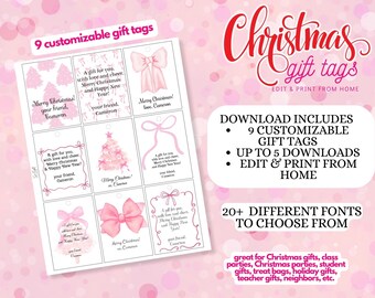 Personalized Christmas gift tags - Customize and print at home. Includes 9 designs! Pink Bows Designs, Great for student gifts and parties