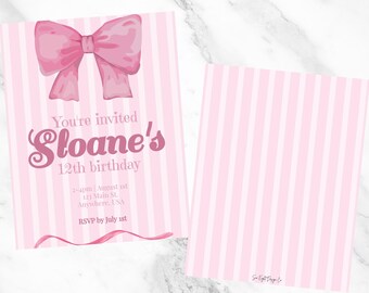 Pink ribbon and bow party invitation 5x7 editable, printable digital file