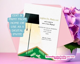 Mahjong Digital Invitation with table lamp "lights on, mahj-on!"  Personalize and edit at home