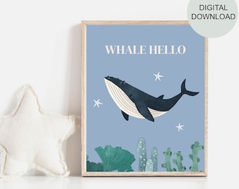 Whale Wall Art, Ocean Nursery Decor, Watercolor Whale Art, Baby Boy Nursery Art, Nautical Nursery Art, Whale Art, Instant Download