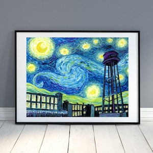 May include: A painting of a city skyline at night with a water tower in the background. The sky is a swirling blue with yellow stars and a green and yellow landscape. The painting is in the style of Vincent van Gogh's "Starry Night."