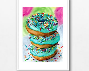 Watercolor Donut Art Print: Rainbow Sprinkle Dessert Wall Decor