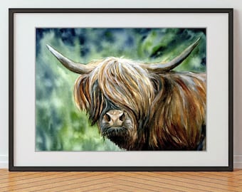 Highland Cow Watercolor Print | Farmhouse Style Scottish Art