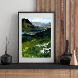 Glacier Bay Montana Watercolor Print – Landscape Wall Art of Wildflowers and Mountains, Nature Painting in 3 Sizes