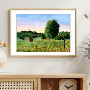 Hay Stacks of Madison County Watercolor Print – Southern Landscape Art, Farm Scene Wall Decor, Country Pasture Painting Print