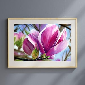 Pink Magnolia Watercolor Print – Spring Floral Wall Art, Botanical Flower Painting, Vibrant Bloom Decor, Nature Art for Home