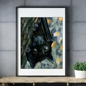 Batly – Watercolor Bat Art Print, Cute Hanging Bat Wall Art, Halloween Decor, Animal Lover Gift, Gothic Nursery Art