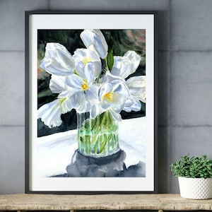 White Tulips Watercolor Print – Elegant Floral Wall Art, Spring Flower Painting, Minimalist Botanical Decor, Modern Vase Art