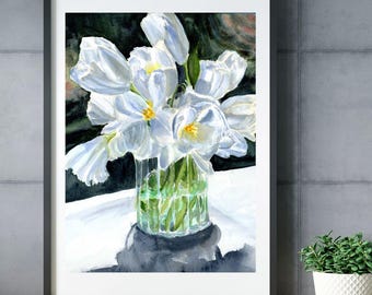 White Tulips Watercolor Print: Elegant Floral Vase Art