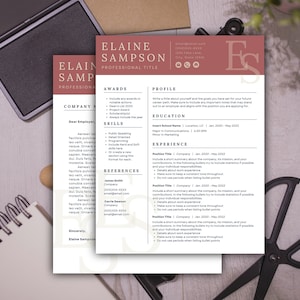 May include: A resume template with a brown and white color scheme. The resume is for Elaine Sampson, who has a professional title. The resume includes sections for awards, skills, references, profile, education, and experience.