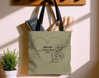 Psalm 51:10 Clean Heart Tote, Minimalist Christian Scripture Bag, Inspirational Faith Gift for Women